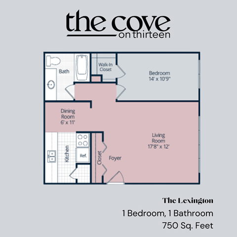 Floor plan for 1 bed, 1 bath, 750 sqft